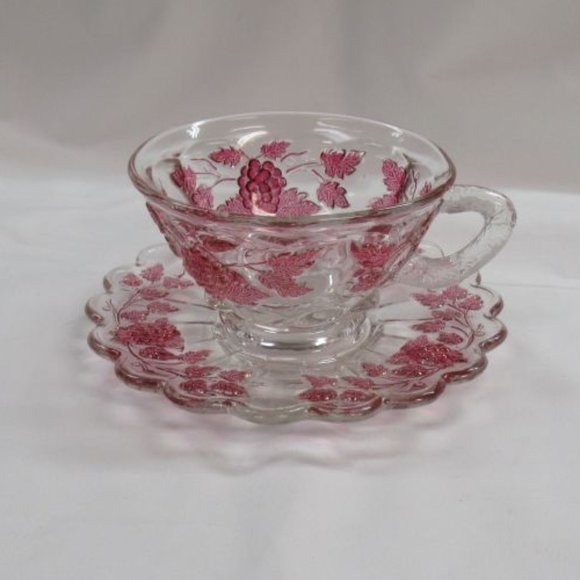 Vintage Westmoreland Glass Ruby Flashed Paneled Grape Cup and Saucer